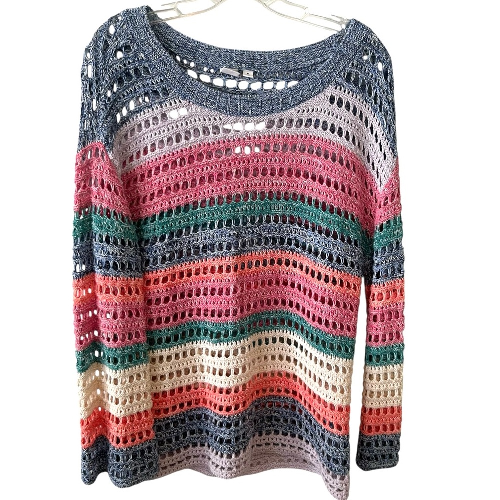 GAP Colorblock Open-Knit Scoop Neck Sweater - Coral, Navy & Teal